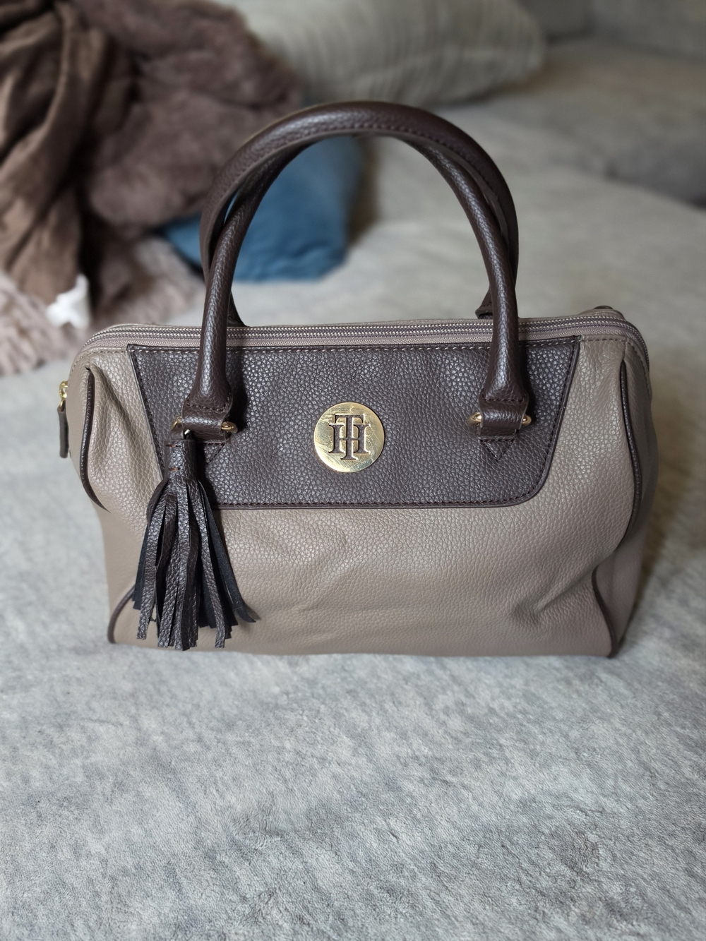 Tommy Hilfiger Taupe and Dark Brown Faux Leather Satchel
